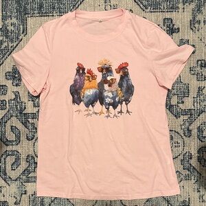 Fun Pink T-Shirt with Colorful Rooster Print